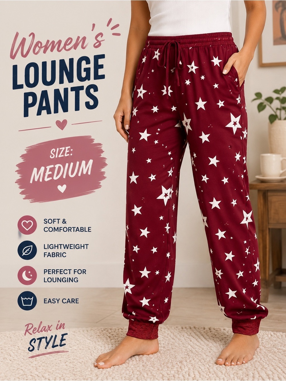 JUST BE Red Star Print Jogger Lounge Pants MEDIUM